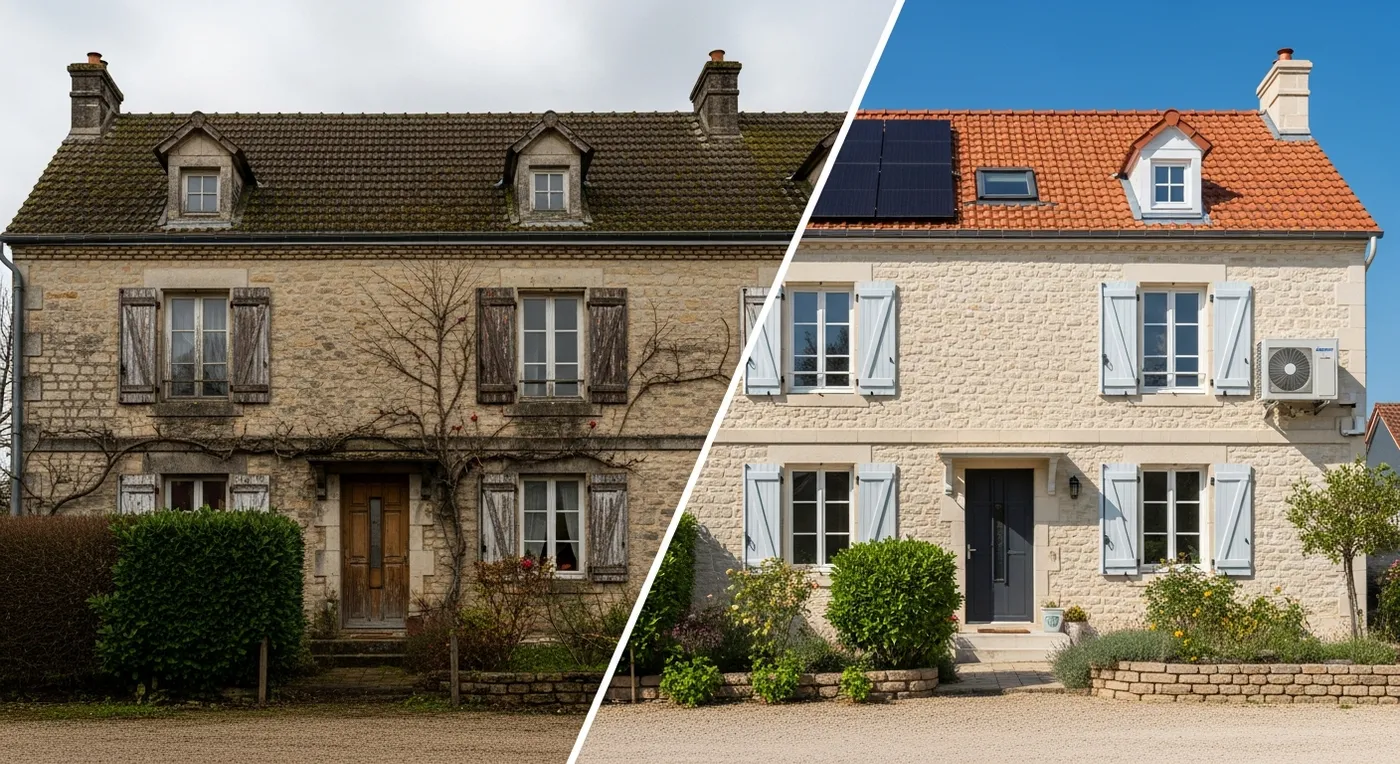 Maison française rénovée avec panneaux solaires et pompe à chaleur